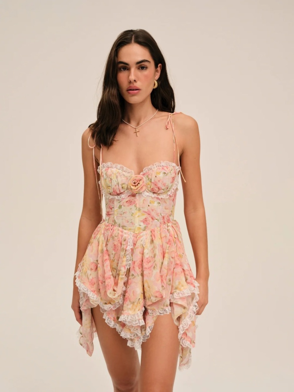 For Love And Lemons Pink Floral Lace-Trim Dress